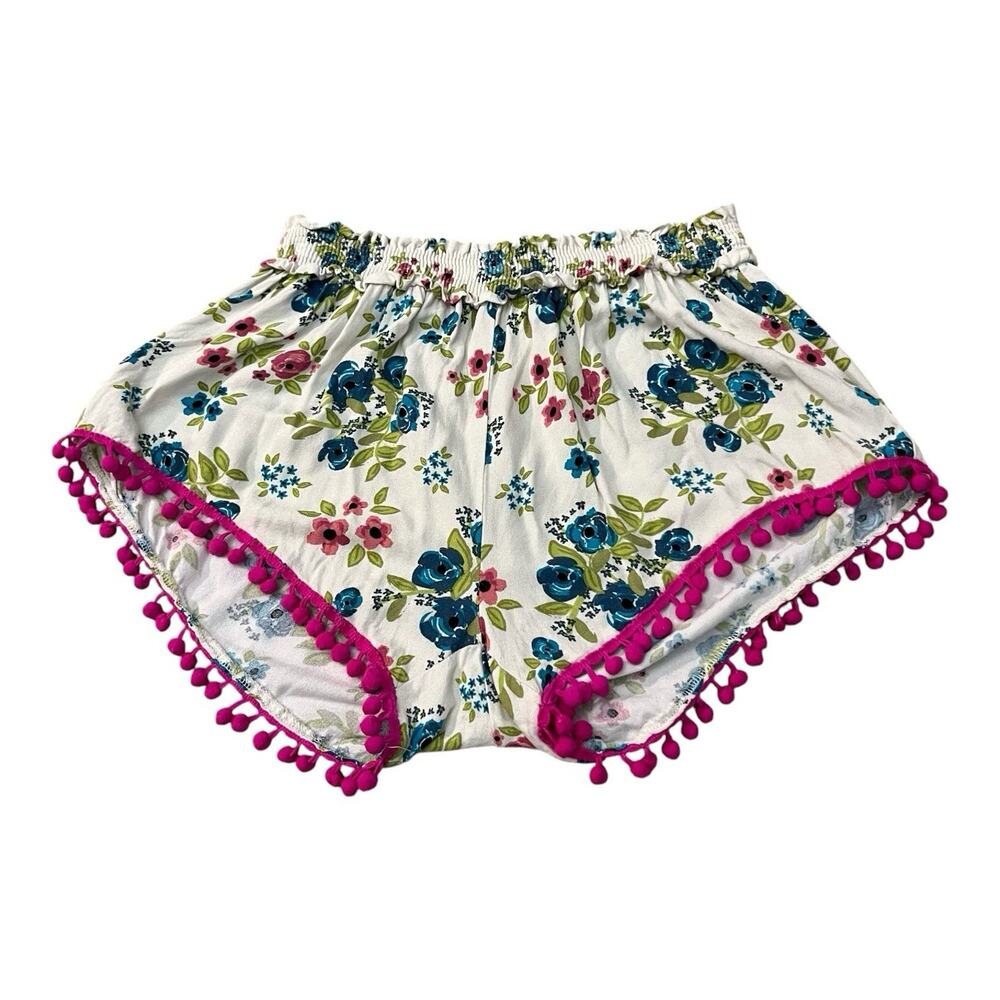 Natural Life Pom Pom Trim Floral Pajama Shorts M/L White Multi Boho Loungewear